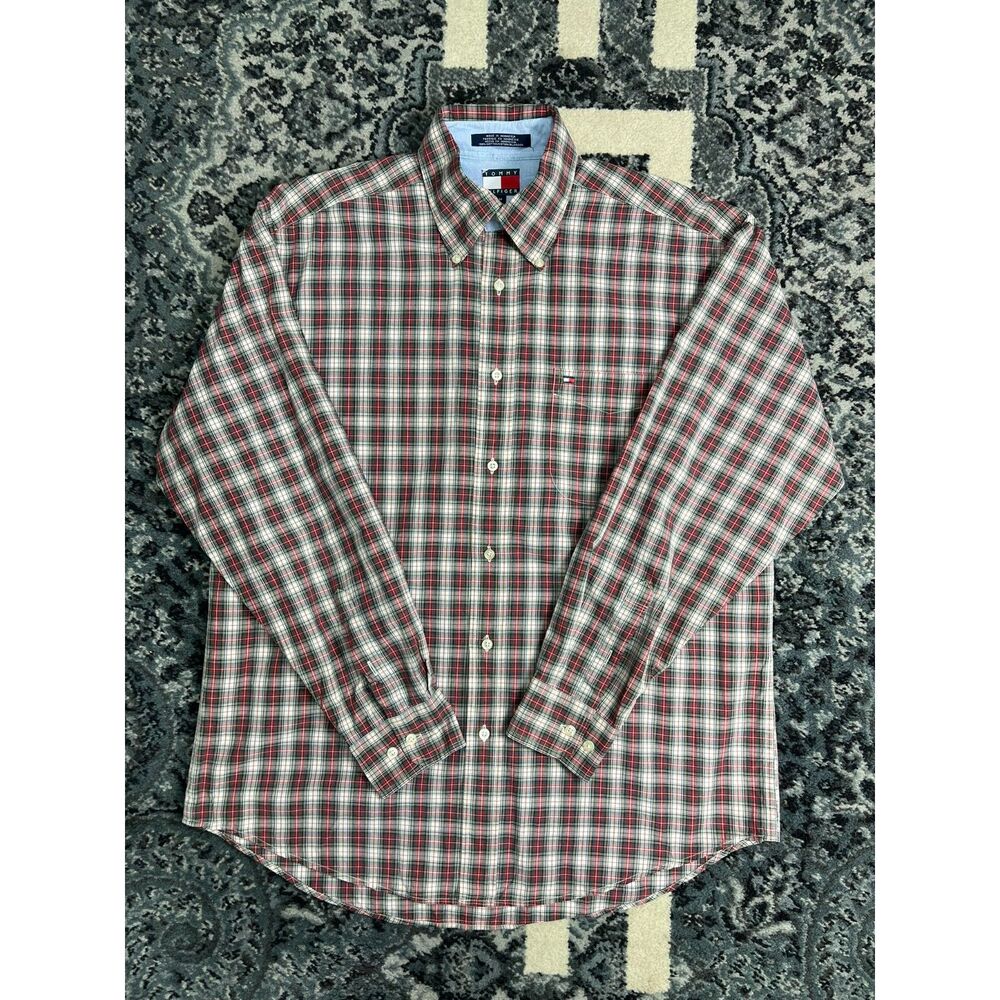 Vintage 90s Mens Tommy Hilfiger Button Down Flannel Shirt Size Medium Red/white